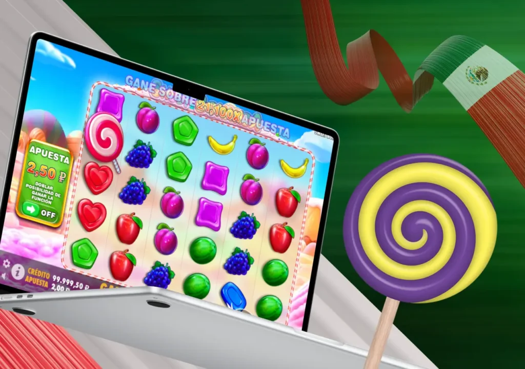 Interfaz brillante y explosiones de frutas en la versión intro de Sweet Bonanza 1000.