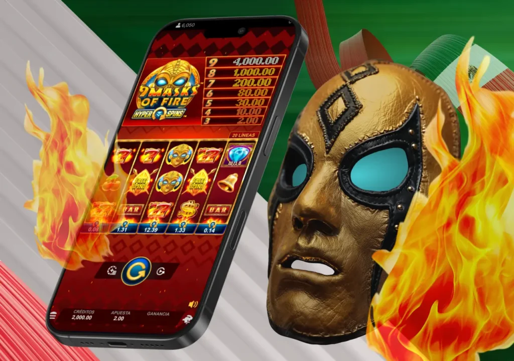Apuestas en Mexico presenta 9 Masks of Fire con máscaras, fuego y premios directos.