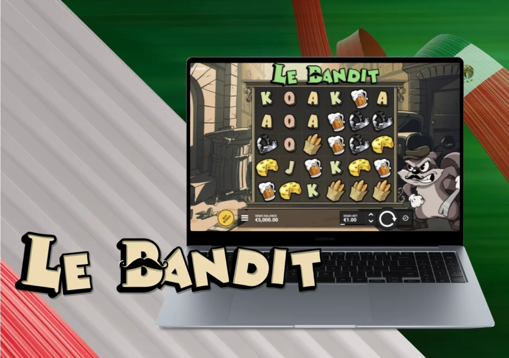 Vista del tragamonedas Le Bandit en un portátil con símbolos animados