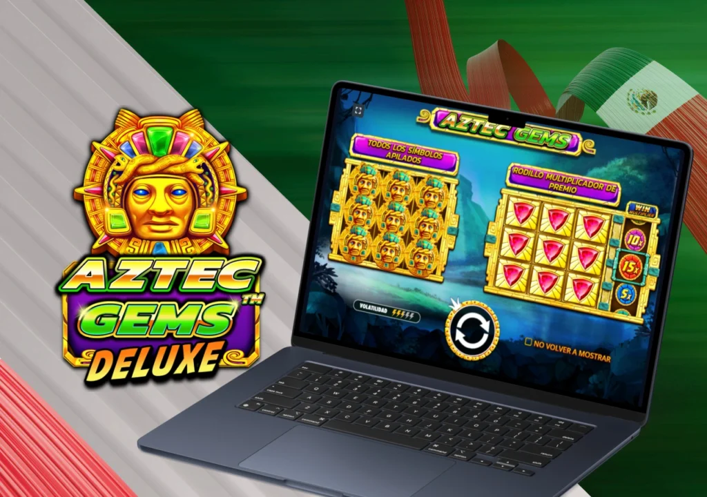 Tragamonedas Aztec Gems Deluxe mostrada en una laptop con símbolos