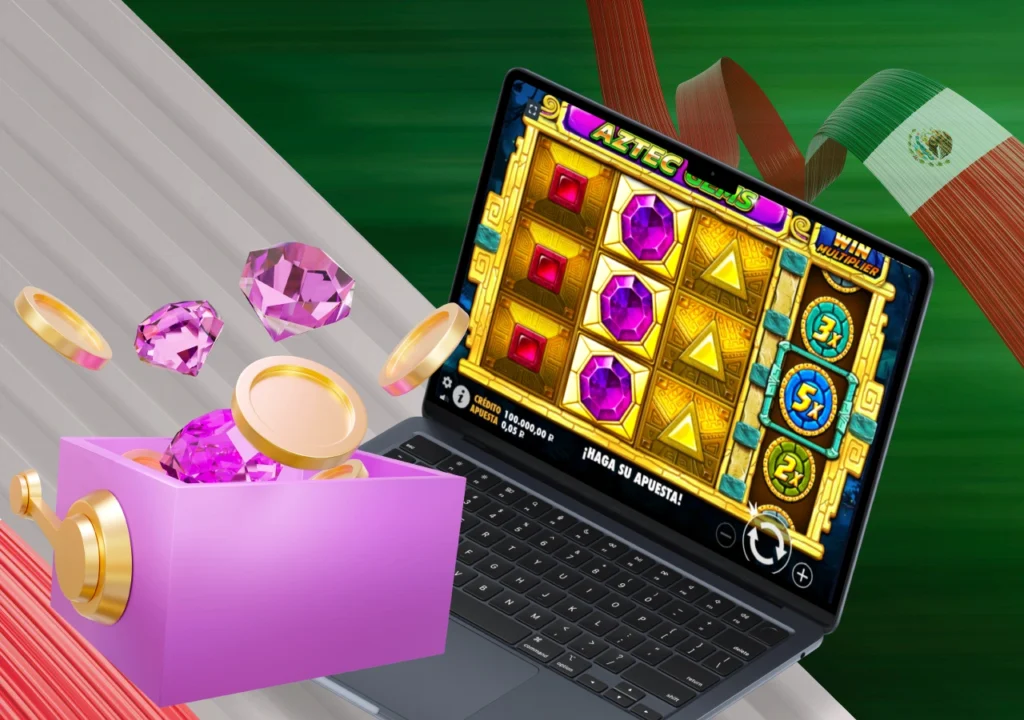 Aztec Gems Deluxe con joyas moradas y monedas doradas flotando
