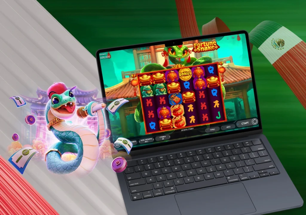 Tragamonedas Fortune Snake en una laptop con serpiente animada y símbolos asiáticos