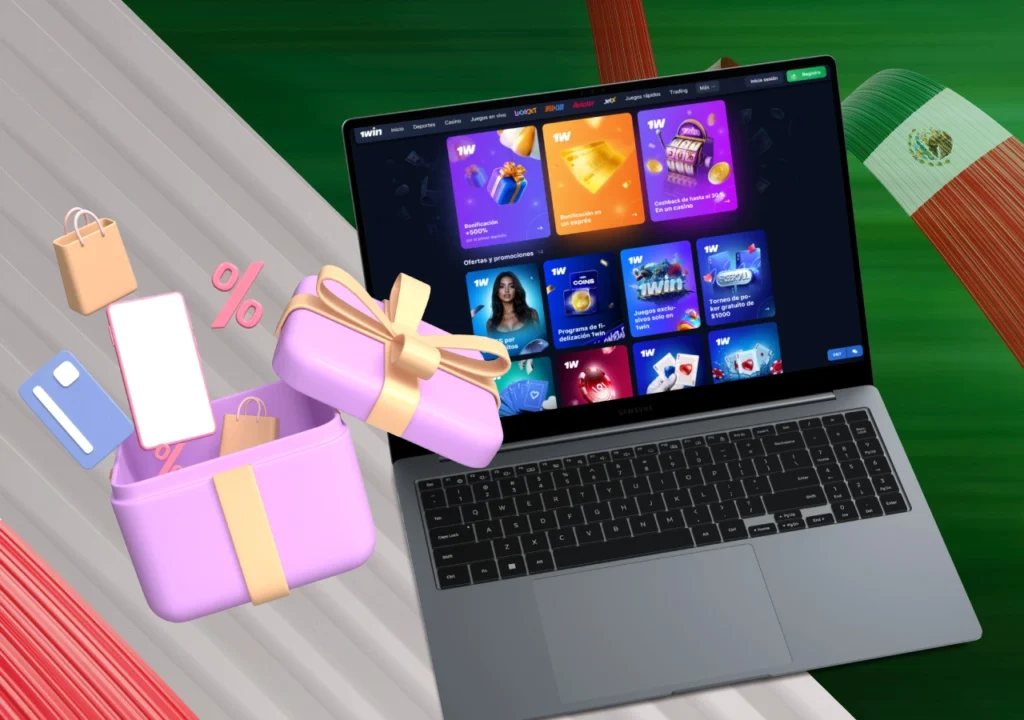 Página de promociones del casino 1win mostrada en laptop con regalos y elementos de bonificación flotantes.