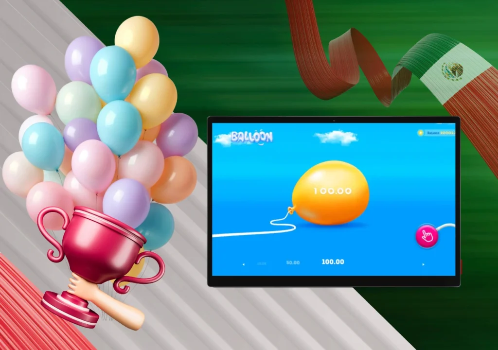 Balloon con globo naranja inflado y trofeo rosado rodeado de globos pastel