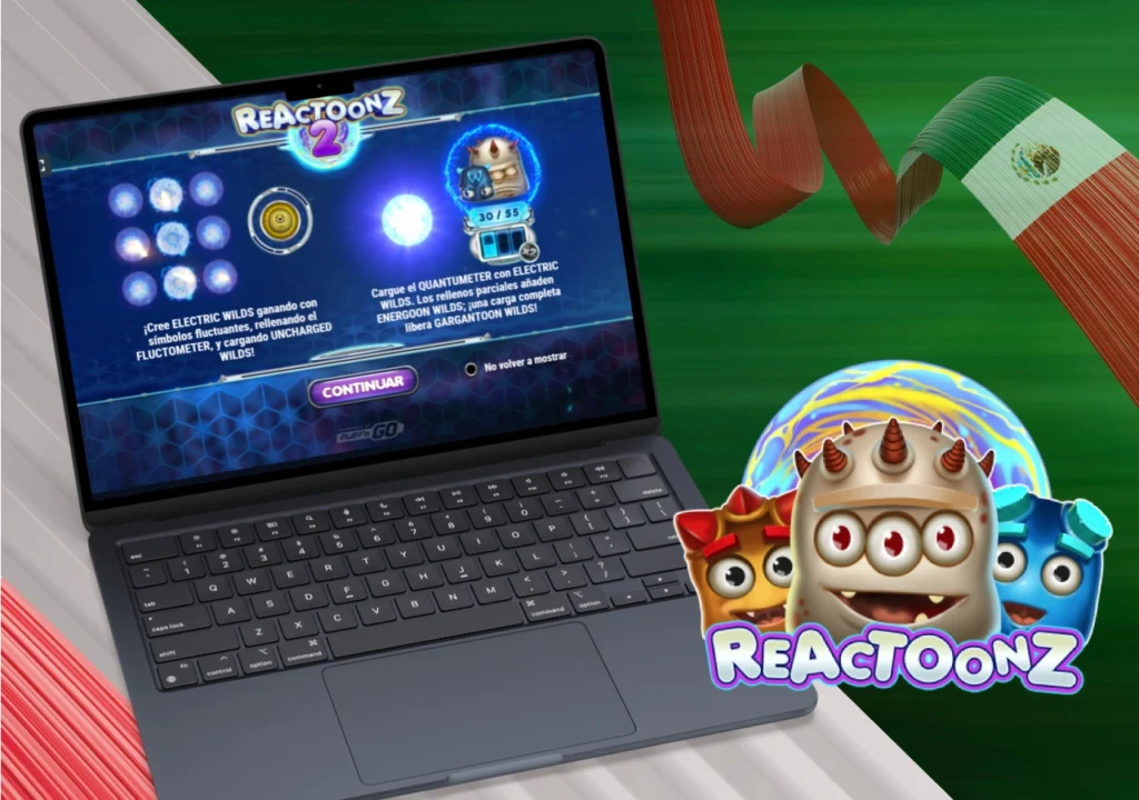 Instrucciones del juego Reactoonz en laptop con personajes animados