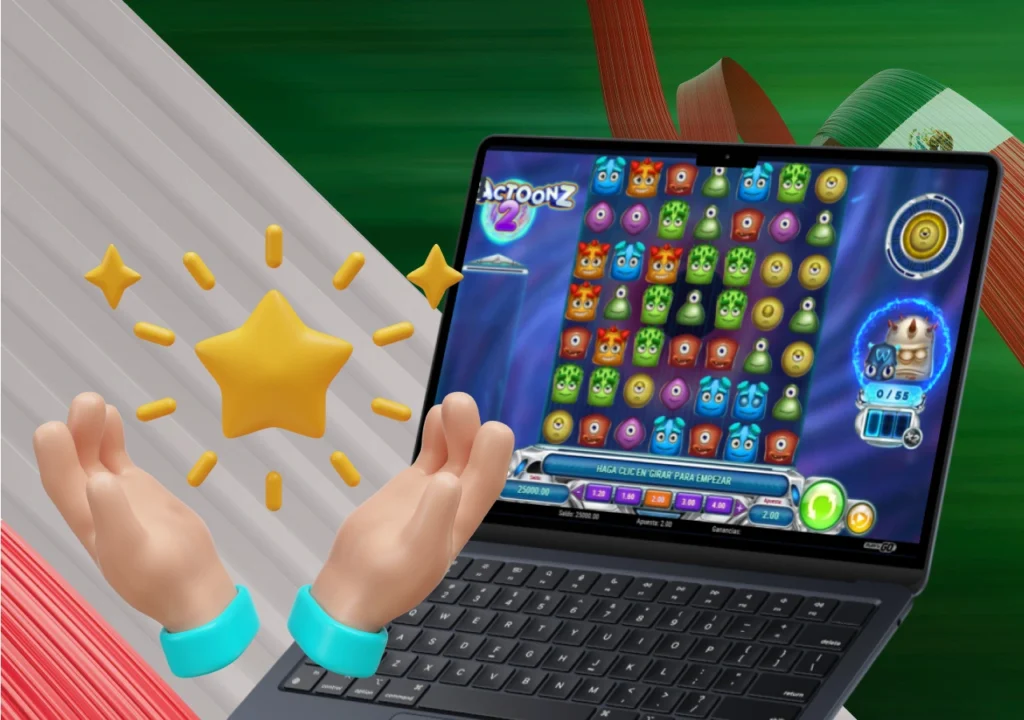 Pantalla de tragamonedas Reactoonz en laptop con manos levantadas y estrella dorada sobre