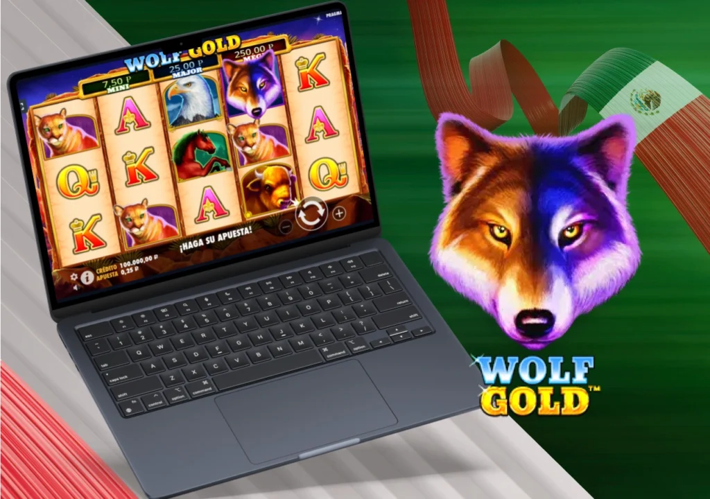 Tragamonedas Wolf Gold en portátil con símbolo del lobo y fondo con bandera de México