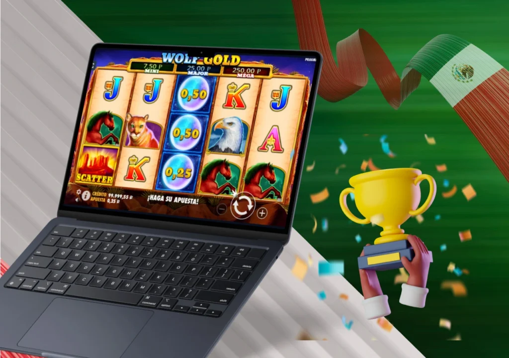 Jugando a Wolf Gold en línea con premios y confeti celebrando una victoria virtual