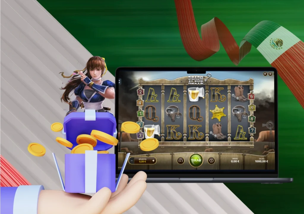 Bonificación en tragamonedas Dead or Alive con personaje ninja y monedas cayendo de regalo